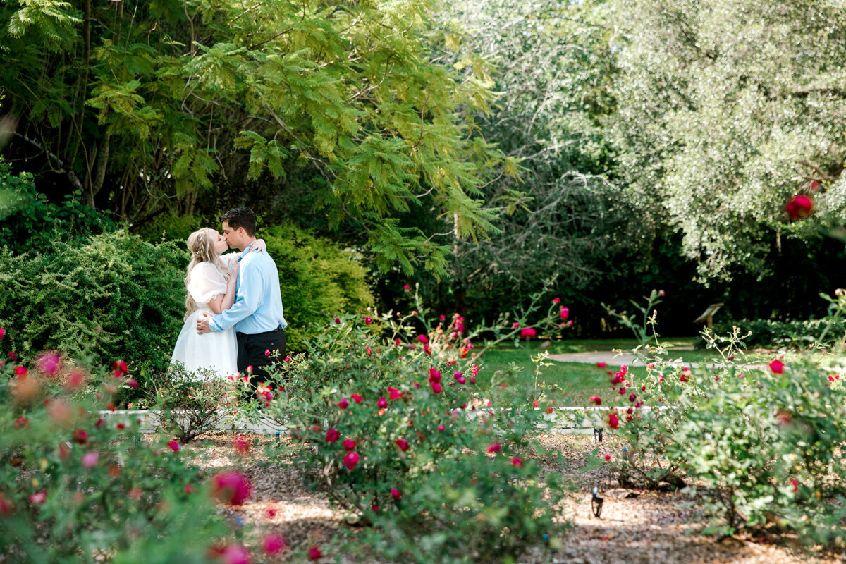 couple kissing in rose garden