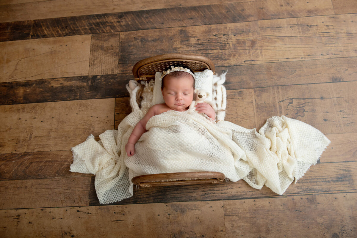 newborn baby girl laying in a tiny bed with a white blanket over her for her Burlington newborn photography session