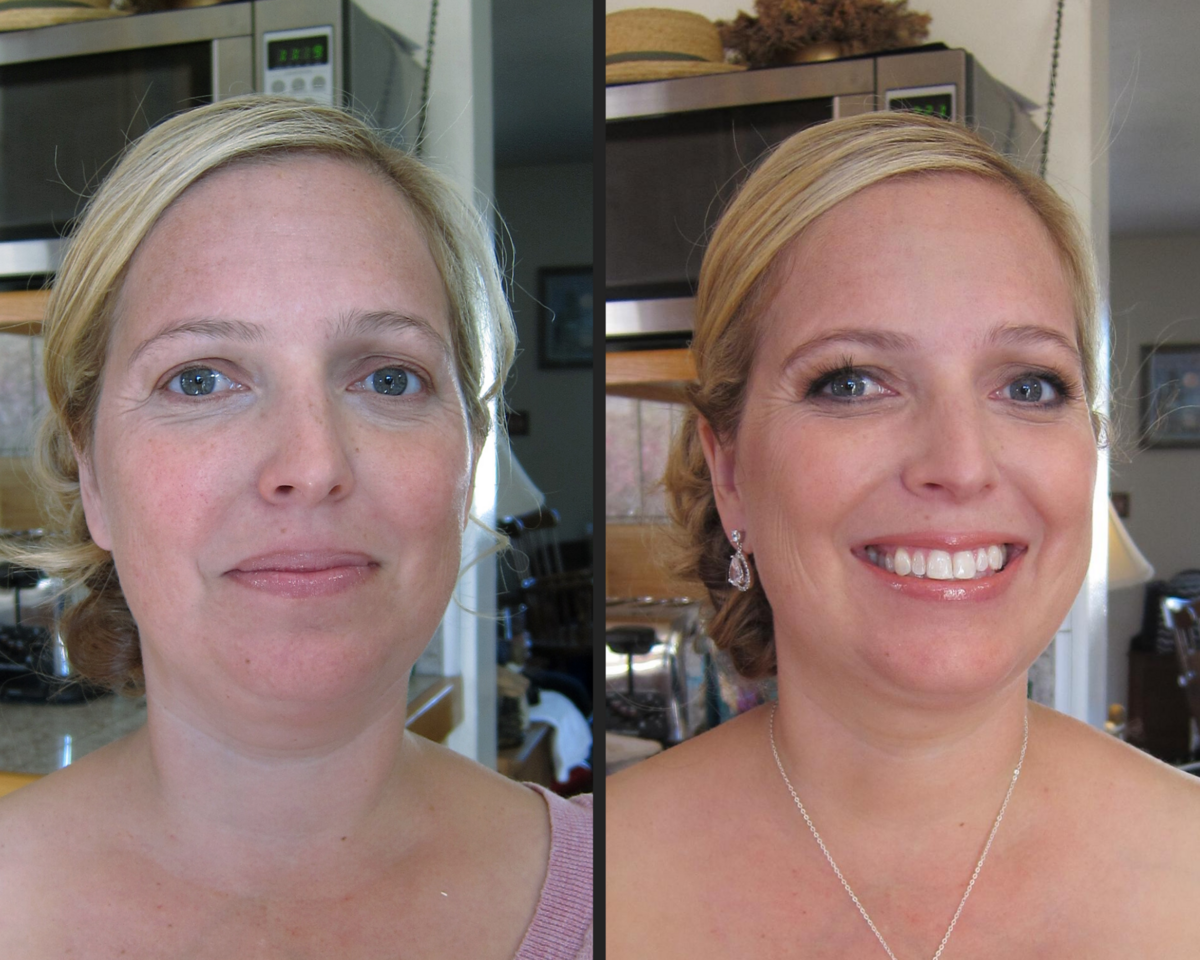 before and after makeup blonde blue eyed bridesmaid