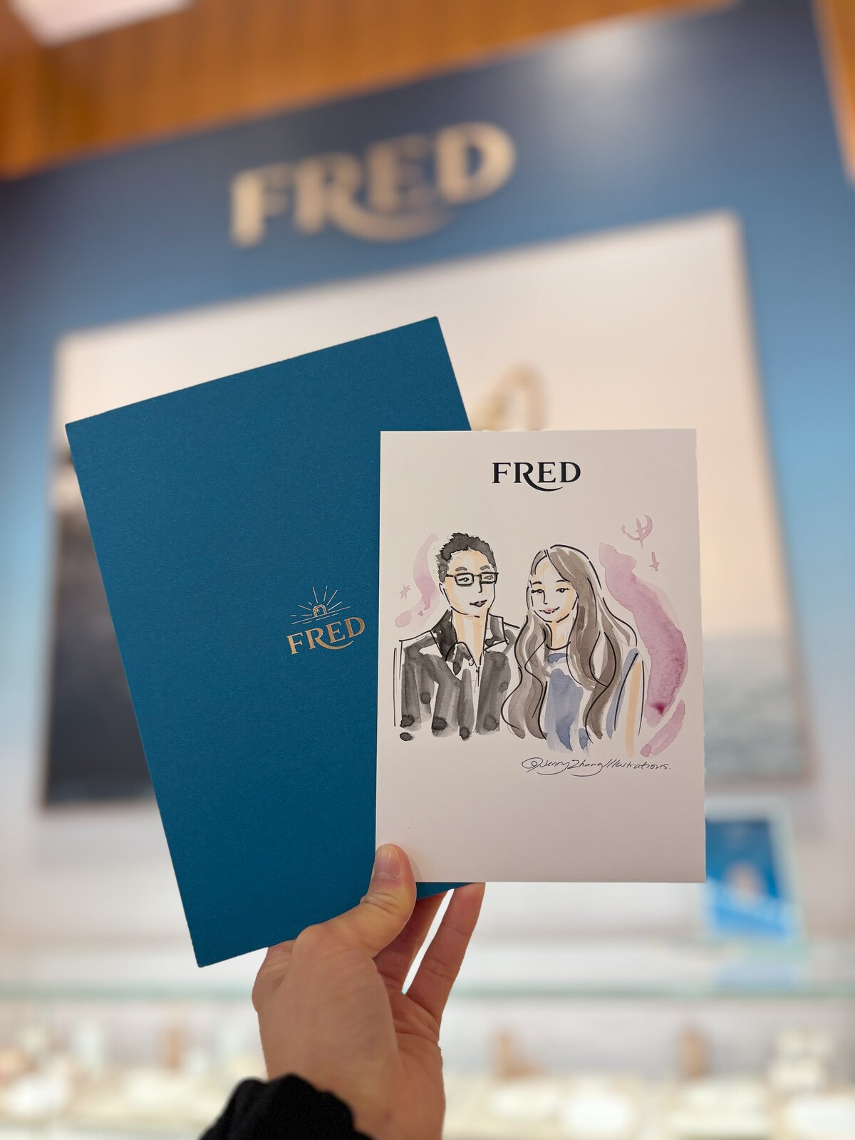 Personalized live portraits of guests during Fred jewelry brand activation at Maison Birks.
