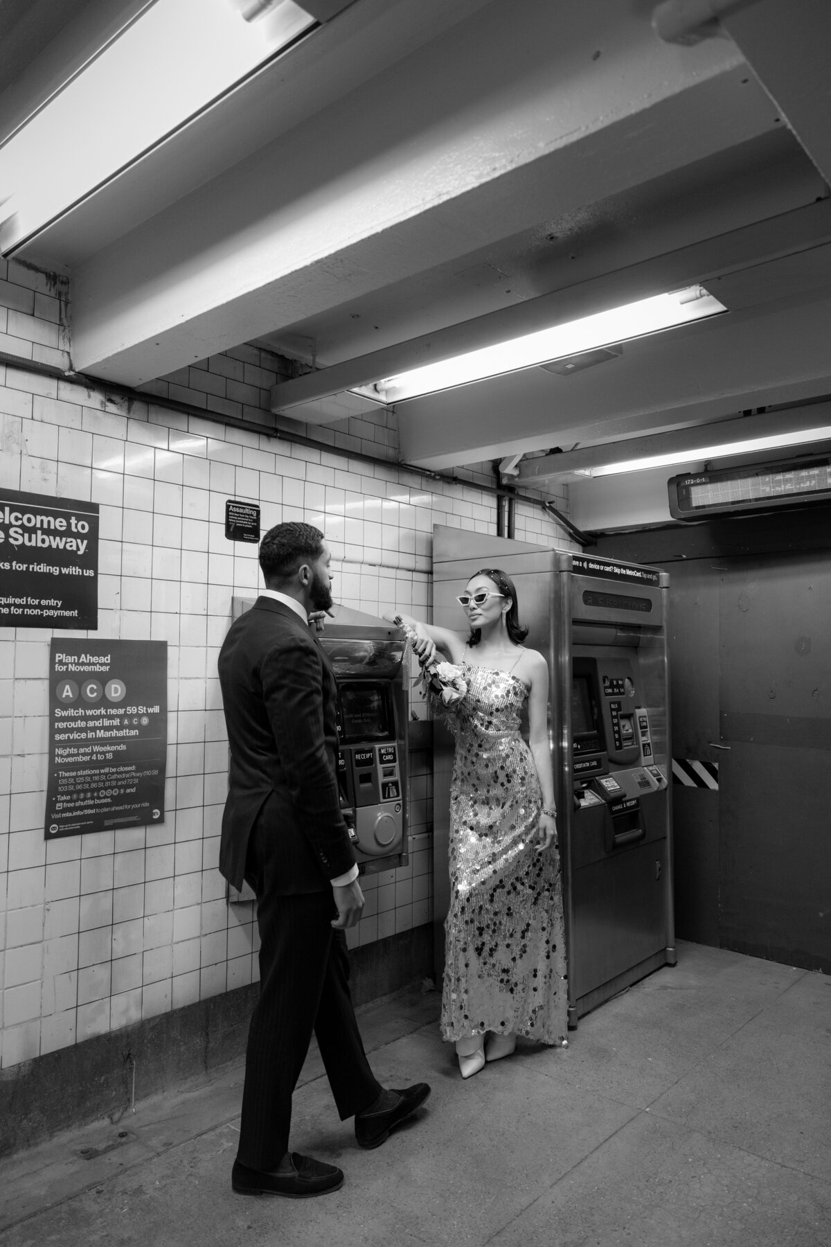 Modern, urban editorial elopement session on the NYC subway, capturing bold style and romantic vibes.