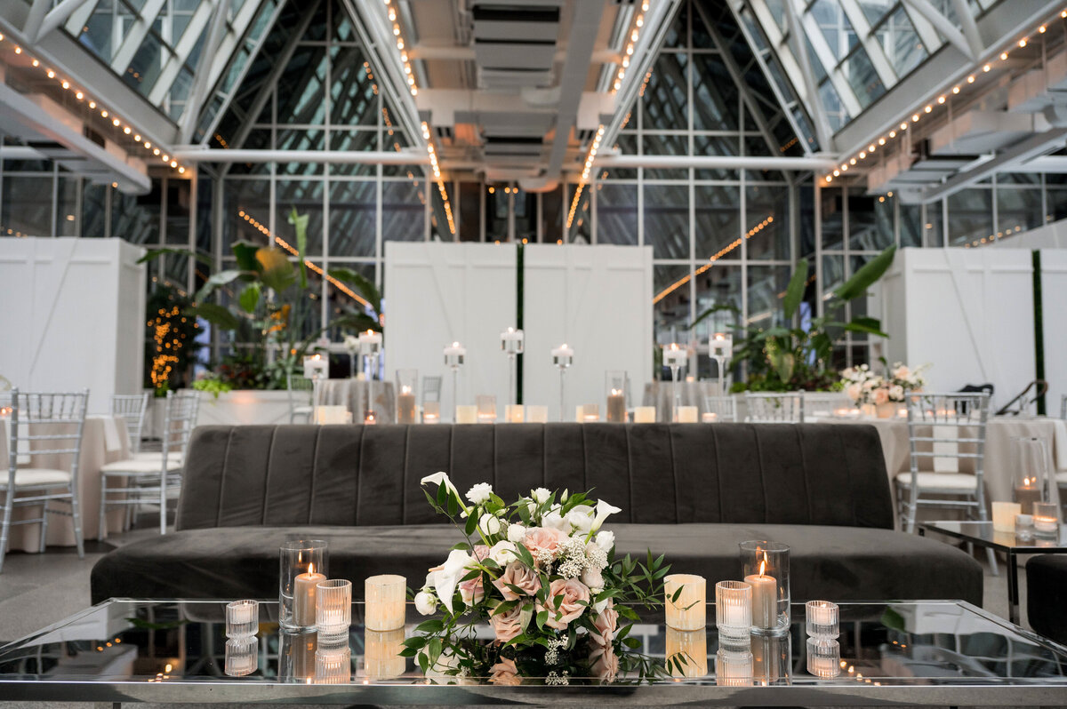 modern wedding reception design by hello productions with reception at wintergarden ppg place