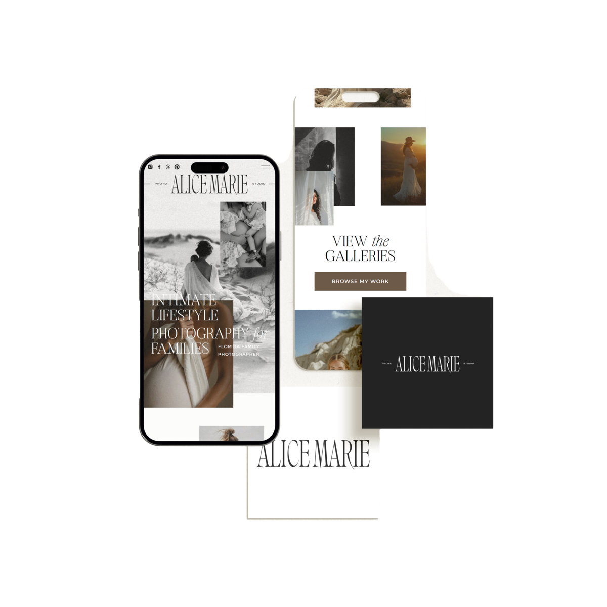 A smartphone display showing a photography portfolio website for Alice Marie, a web design and branding project, featuring categories like intimate lifestyle photography and family portraits. The background includes a compelling mix of black and white images.