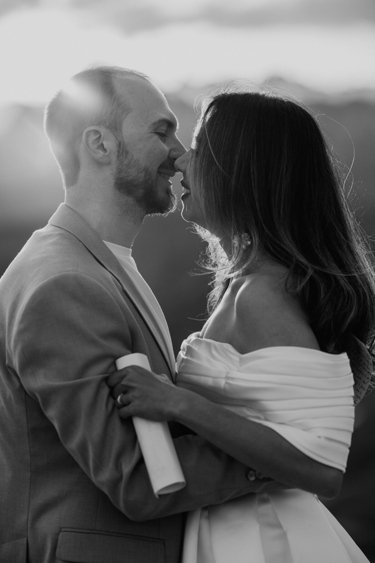 happy couple together in mountain elopement in Dolomites