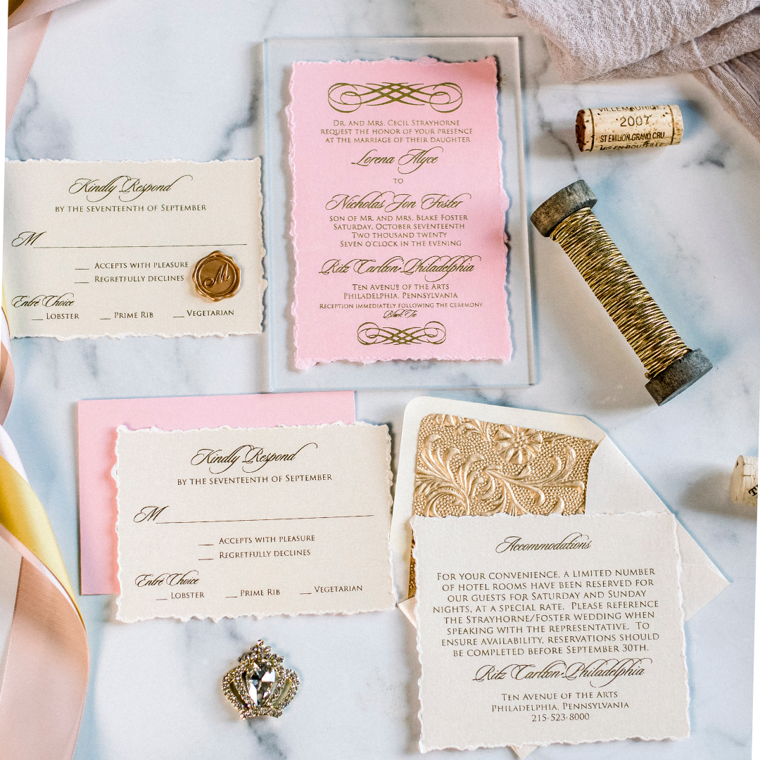 sharpe-stationery-torn-edge-pink-and-gold-invitation-suite