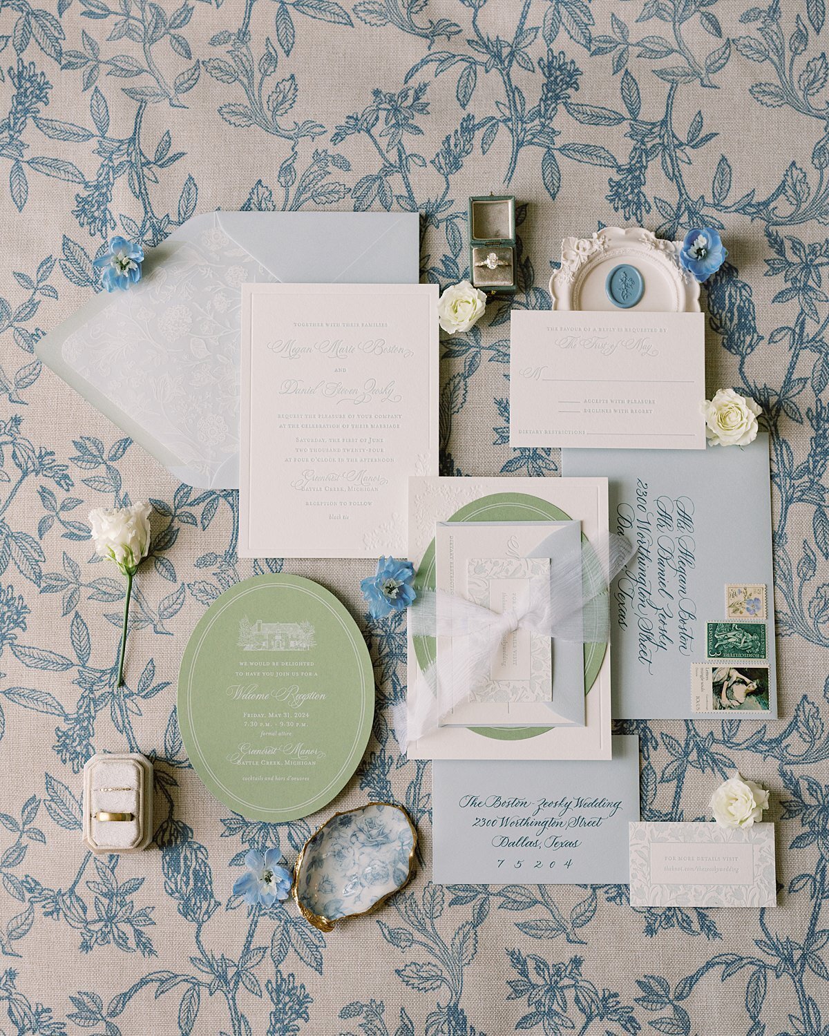 Flatlay Wedding Invitations Stationery Greencrest Manor