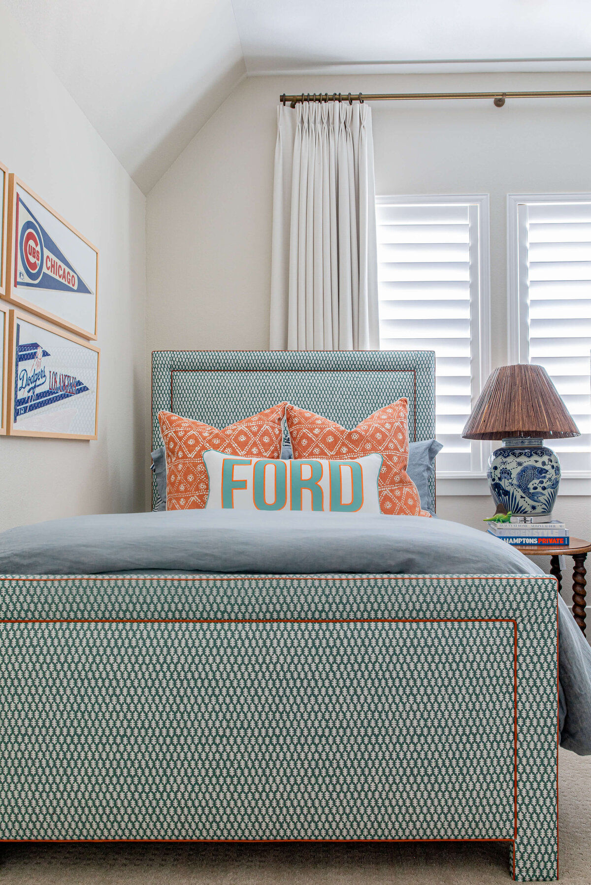 oyster creek studios aryns home dodgers and cubs decor blue and red patterned bedding in bedroom