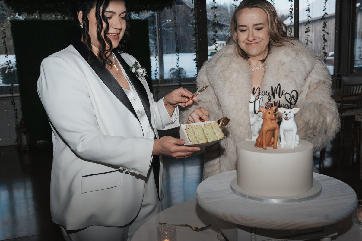 Two lesbians cut their wedding cake 