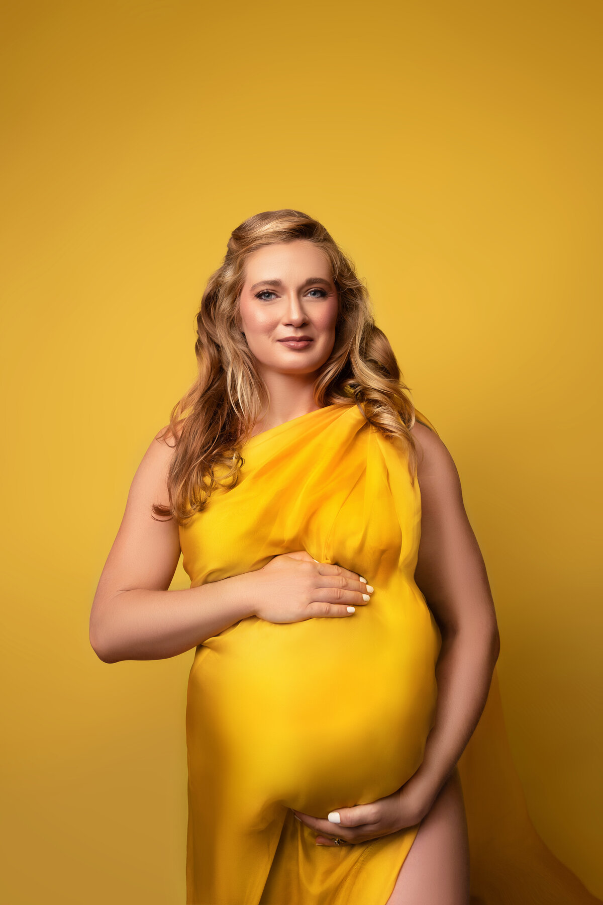 belly yellow fabric blonde woman pregnant studio