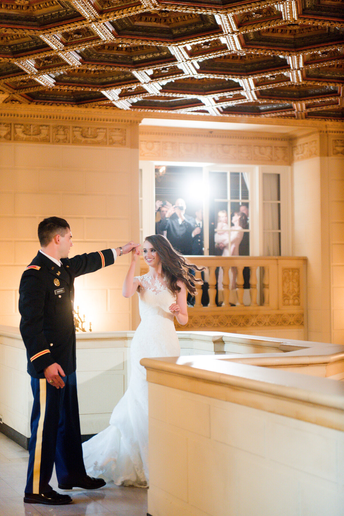 bride and groom dancing outside of the bob and dolores hope ballroom