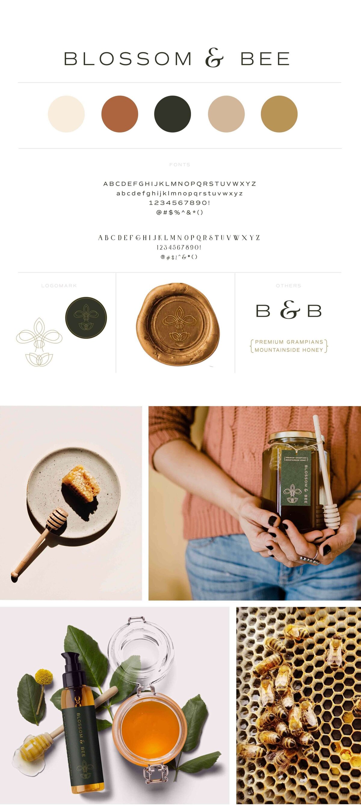 Blossom & Bee neutral colour palette, minimalist font  and golden wax seal