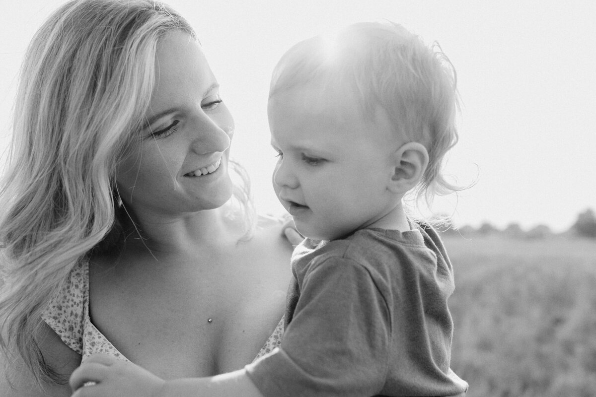 black and white portrait of a mother and son