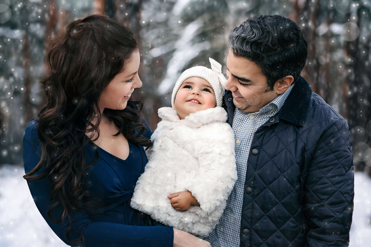 parents holding their little girl in the winter at an outdoor family sessionl