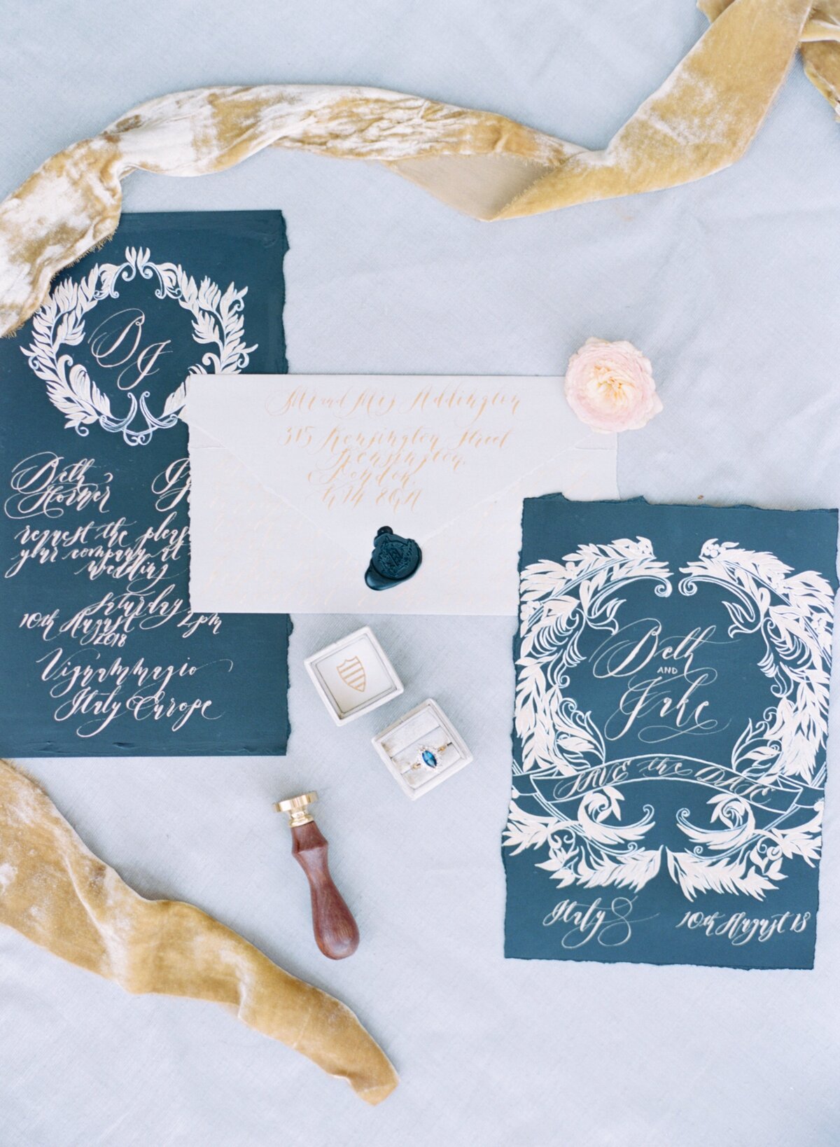 detail shot of wedding invitation, rings, hand written vows