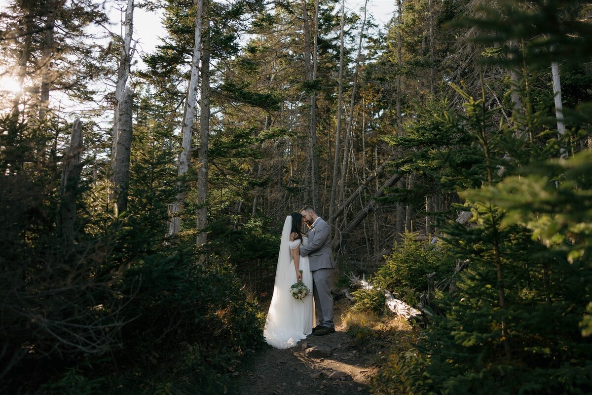 A couple elopes in Acadia National Park in the woods