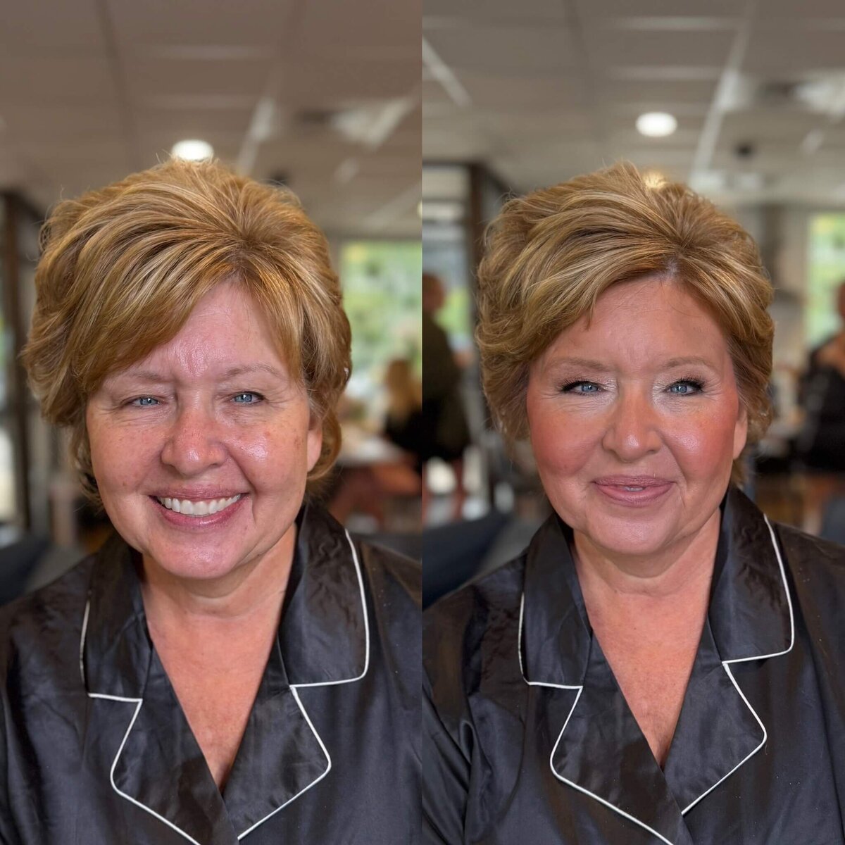 Beautiful mother of the bride photo that shows her before and after her makeup application in Oshkosh, WI