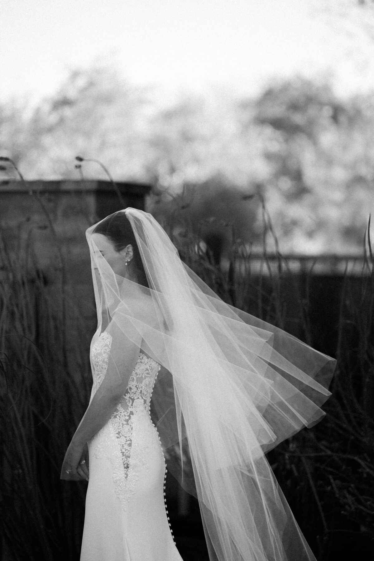 Black and white portrait of a bride with a flowing veil at Verde Golf Club in Arizona, captured in soft natural light before the ceremony.
