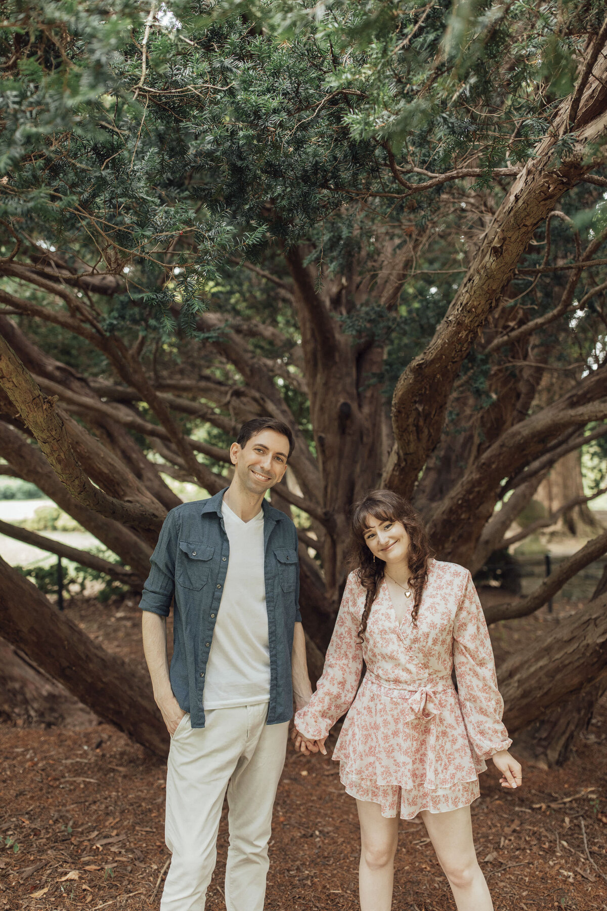 Couple smiling by twisty tree during engagement shoot at New Jersey Botanical Gardens in Ringwood