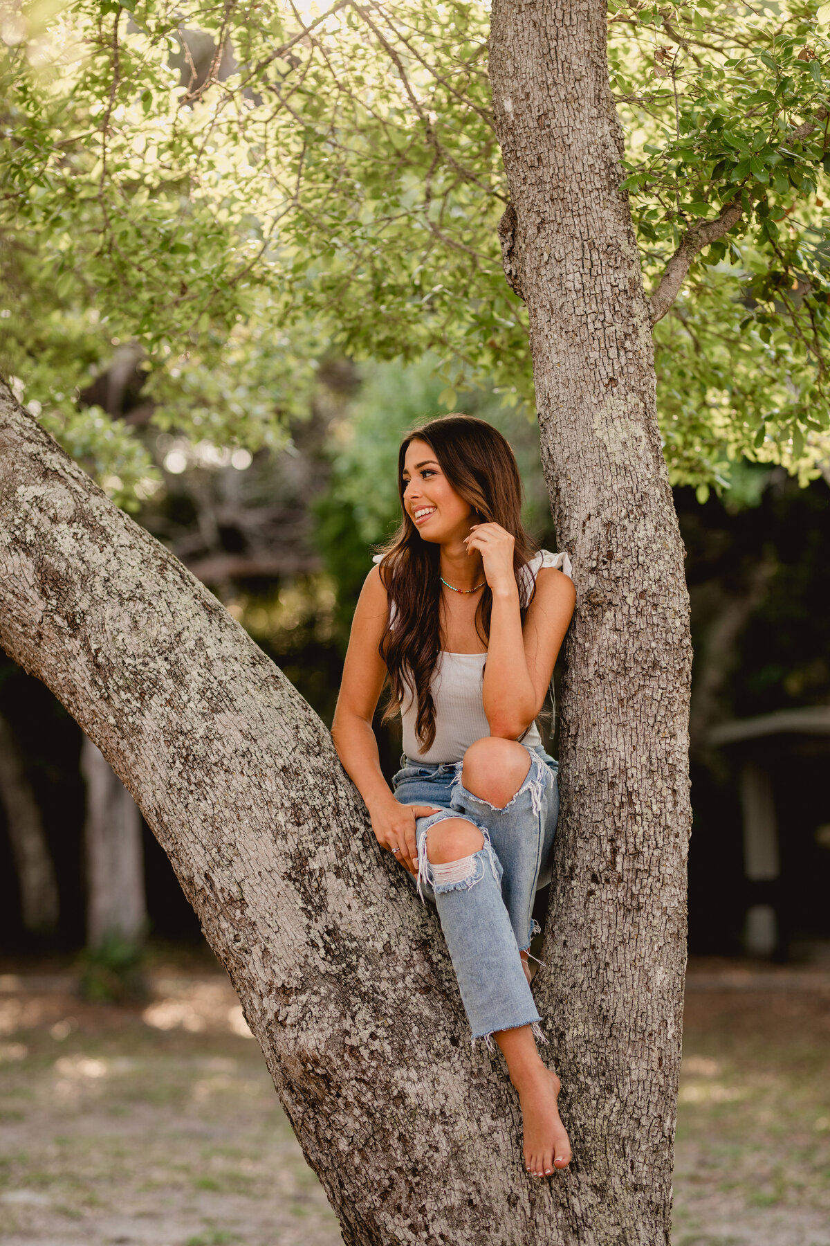 Cute senior picture of girl in a tree in North Florida
