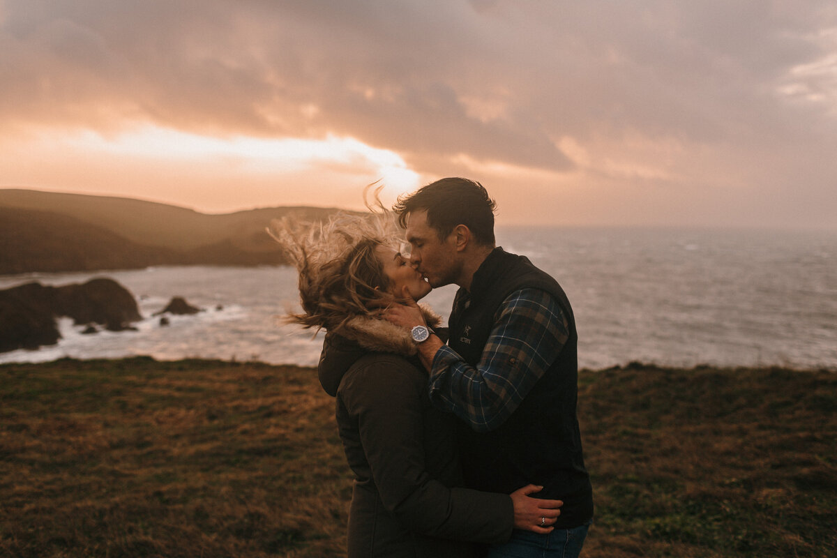 Engagement shoot at Hope Cove in winter storm