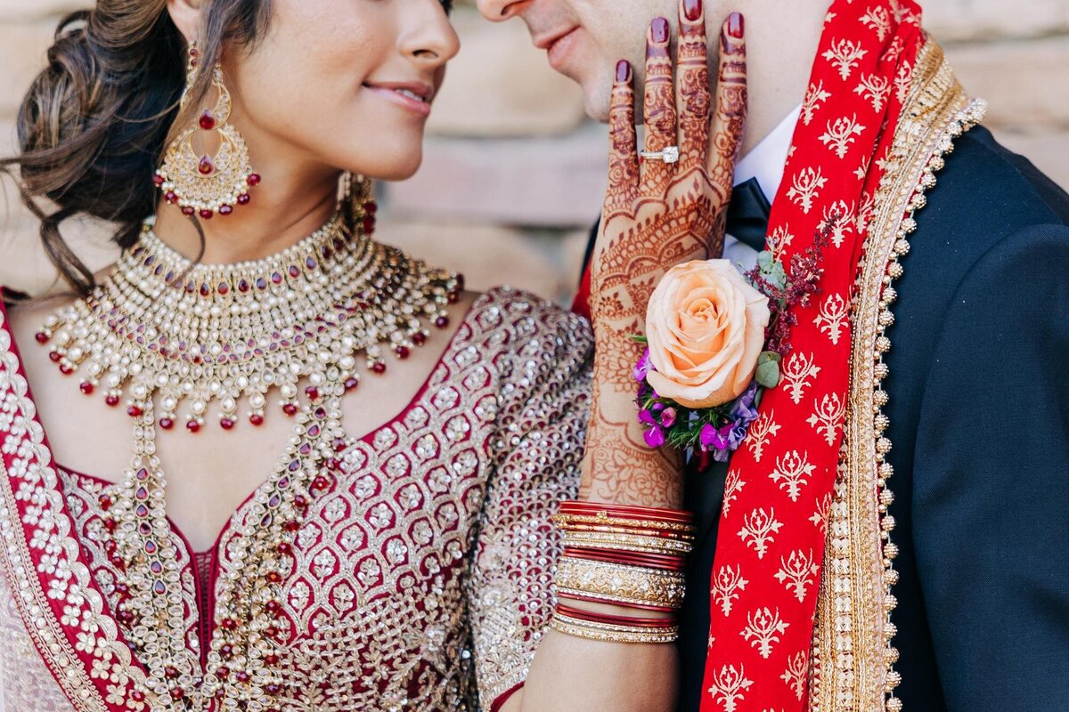 Bride and groom in traditional indian wedding attire sharing a moment.