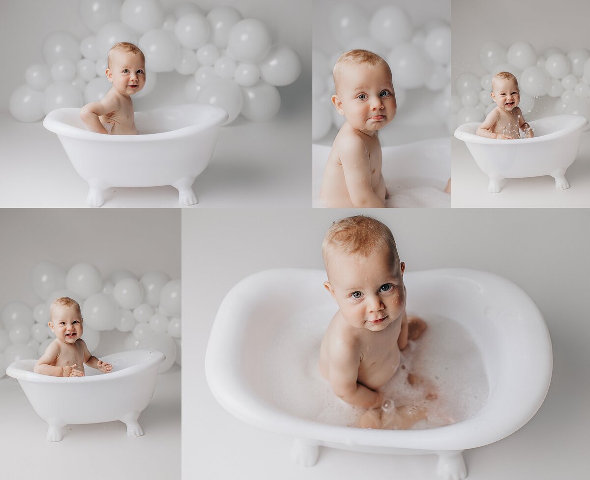 Baby with bubble beard smiling during playful milestone bath session

