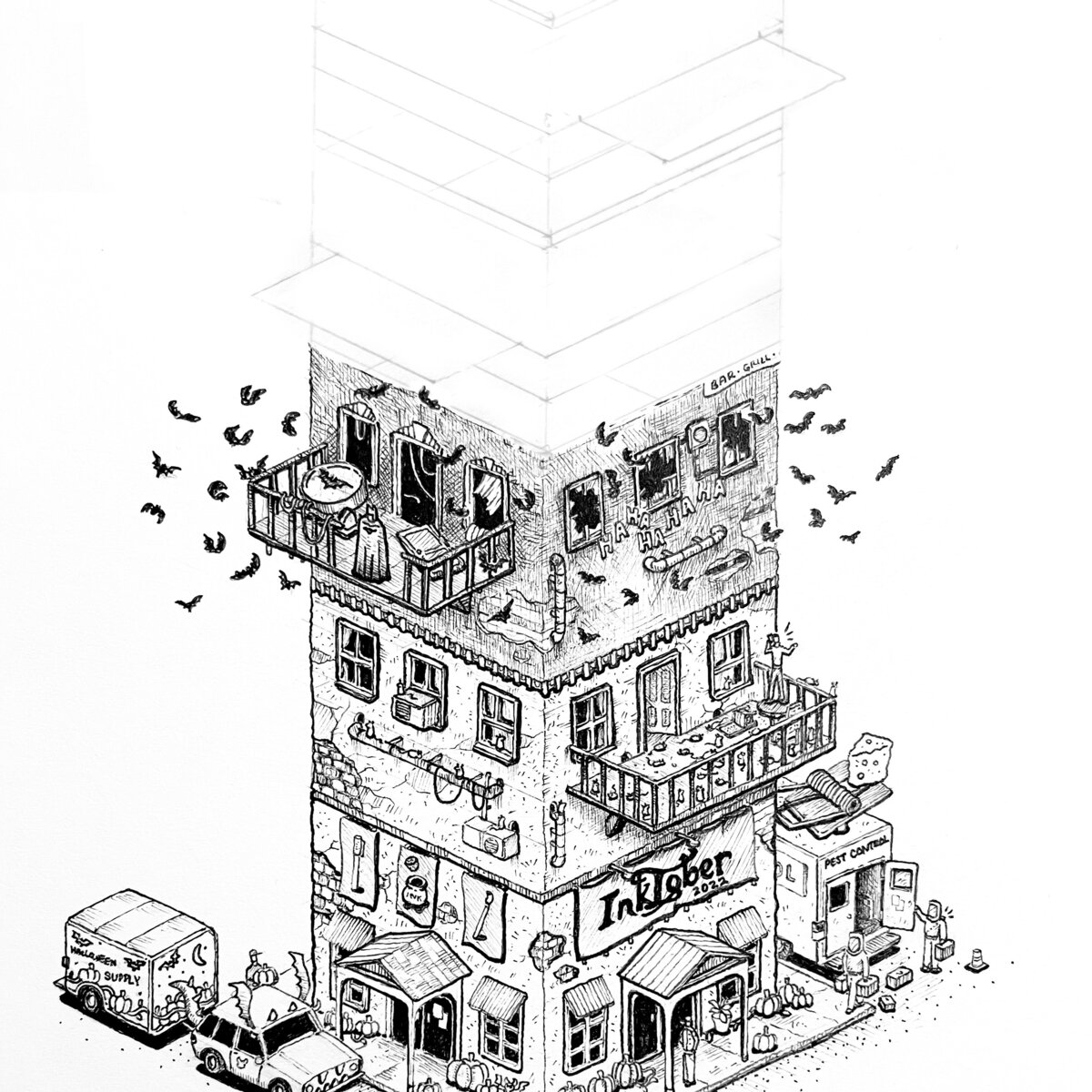 Pen and Ink Illustration of Inktober 2022 prompt: Bat