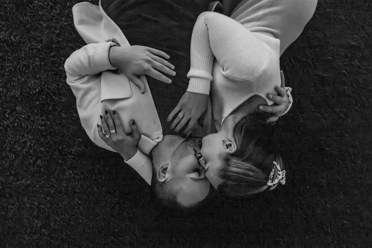palos verdes engagement session terranea resort engagement photos black and white emotive laying down
