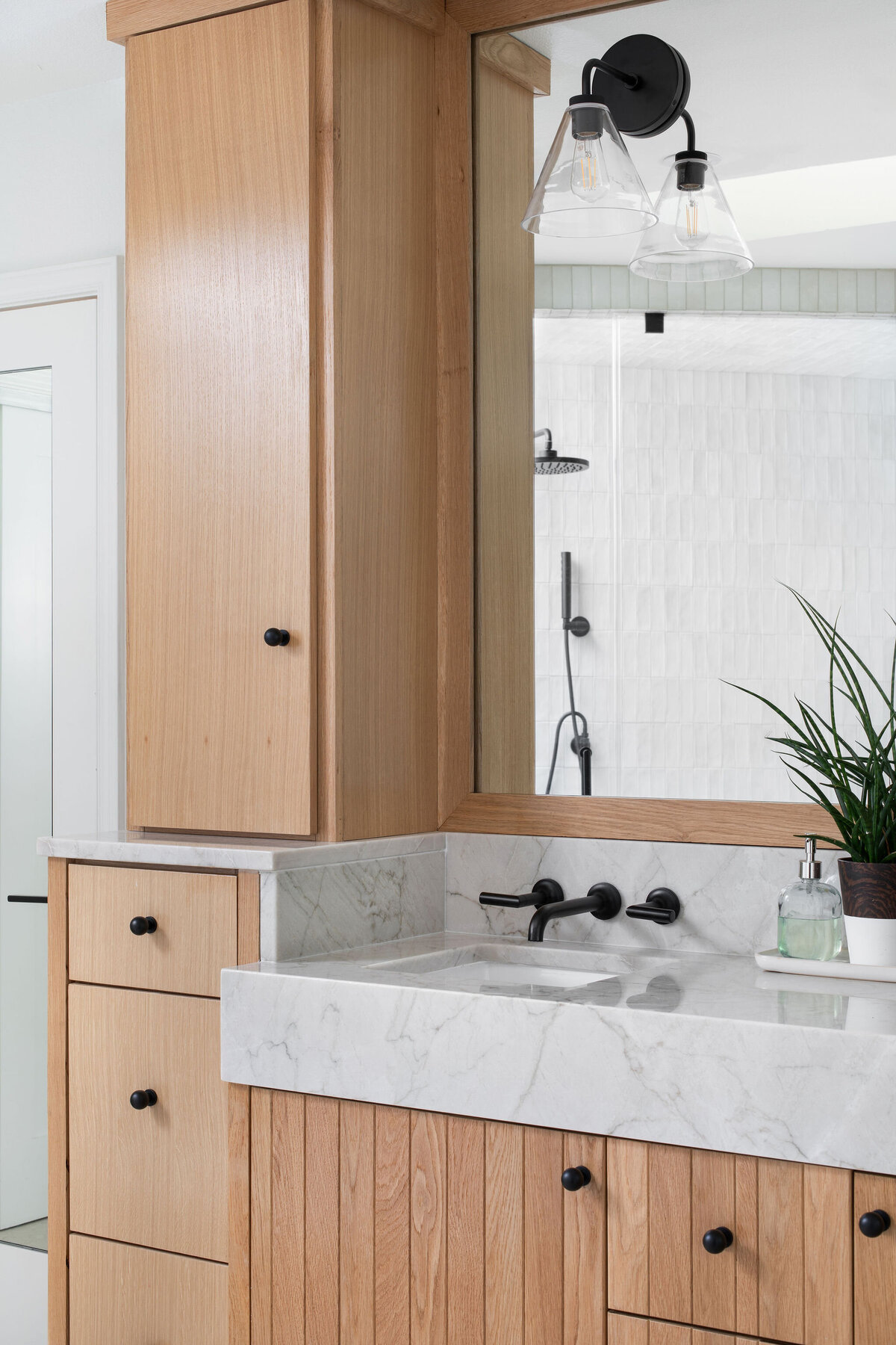 Hello Home modern bathroom remodel neutral wood and tile 3