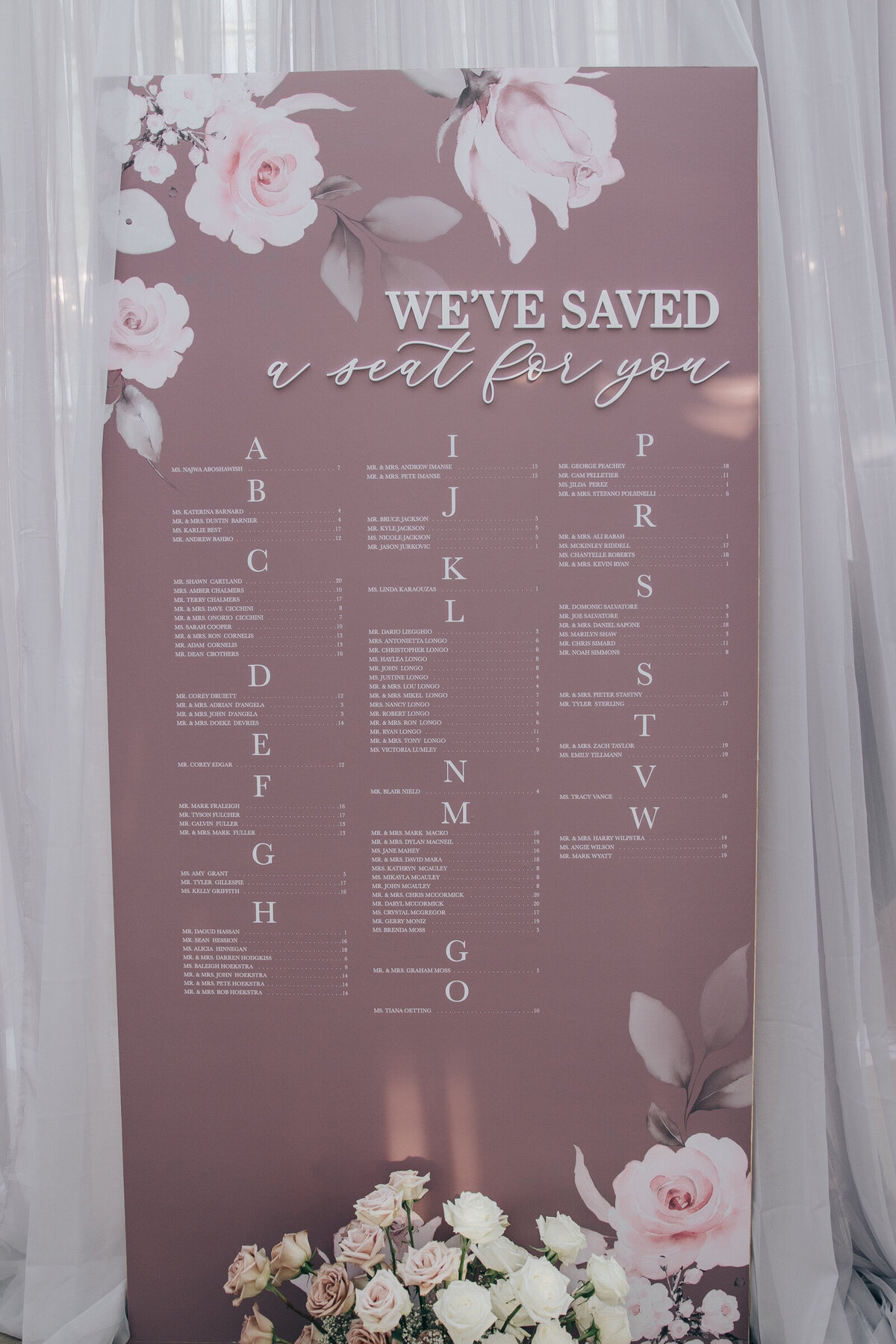 Chic lavender and floral themed seating chart for glamorous wedding