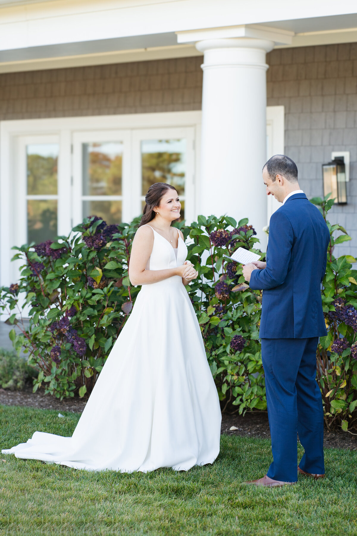 First look between bride and groom at Waverly Oaks