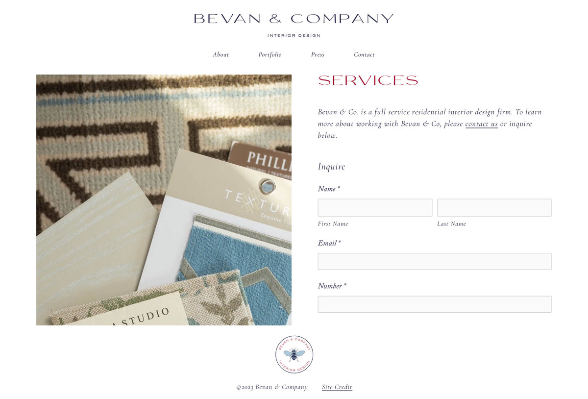 About page of Bevan & Company Interior Design website featuring textile samples