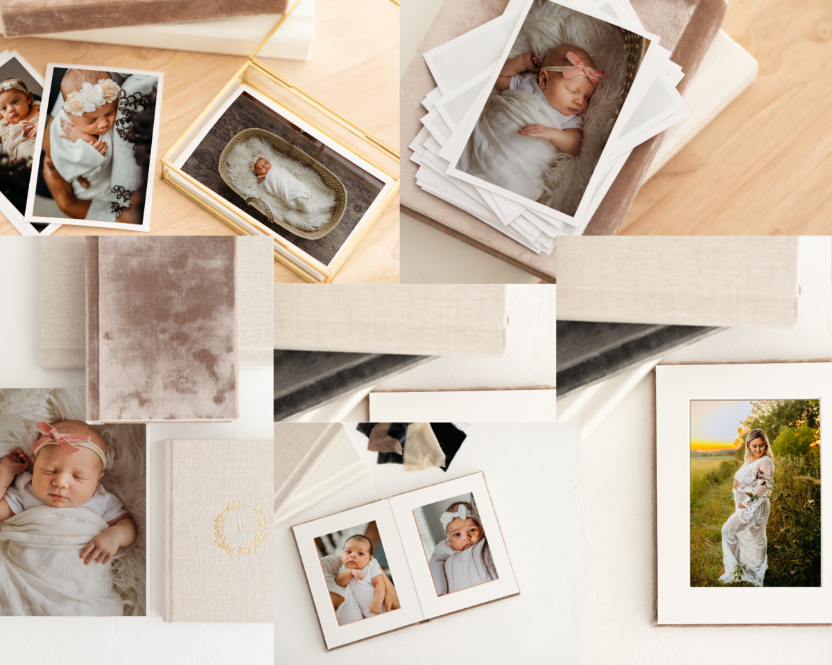 mock up on table of prints and albums for motherhood photography
