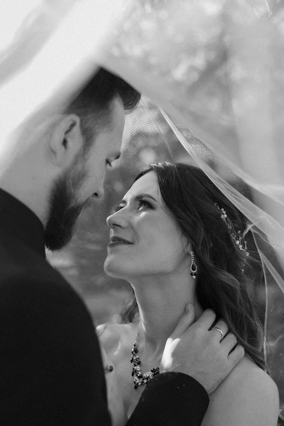 A wedding couple about to kiss while under a veil 