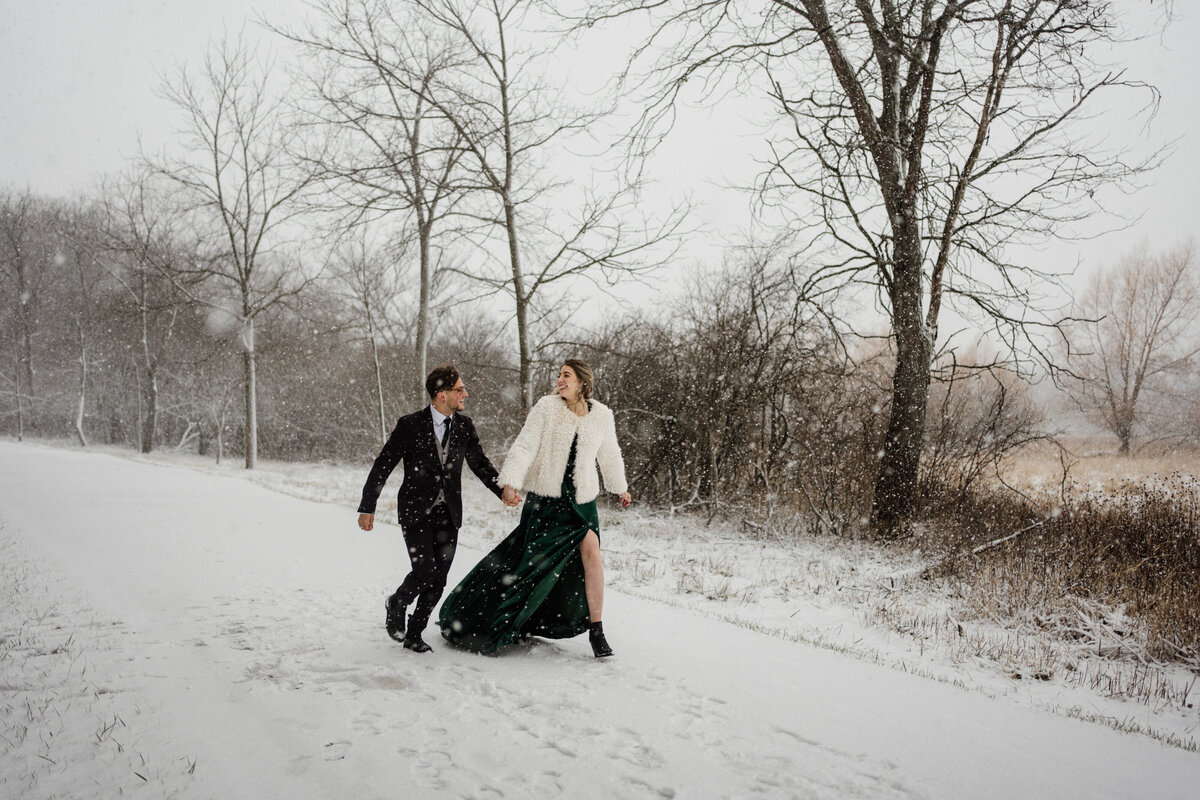Millennium-Moments-Chicago-Wedding-Photographer-Snow-Engagement-Session-Waterfall-Glen-Flutter-Dress-Green-Velvet-Dress-Winter-Chicago-Engagement-1