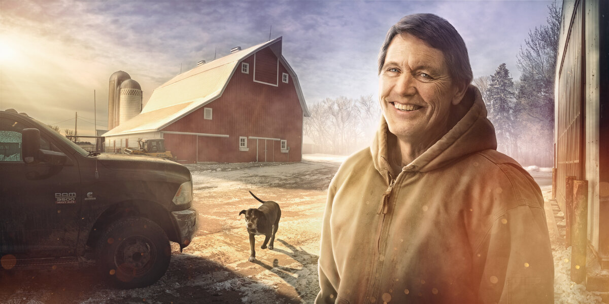 farmer with barn truck and dog