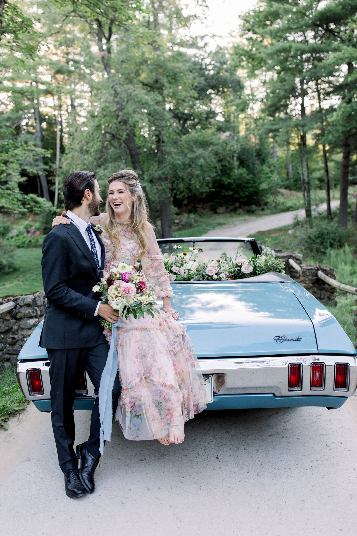 Bride and Groom with Vintage Car