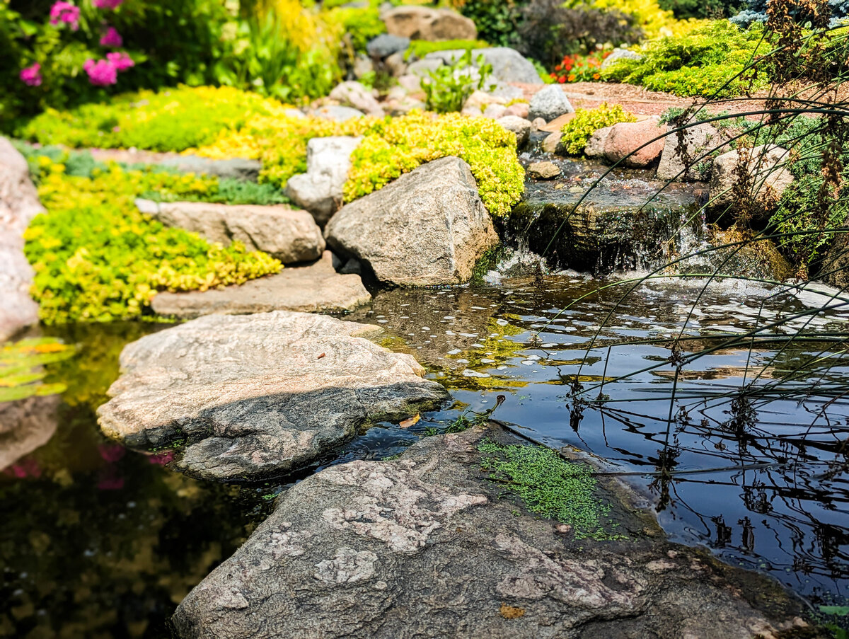 Natural stone waterfall cascading into koi pond