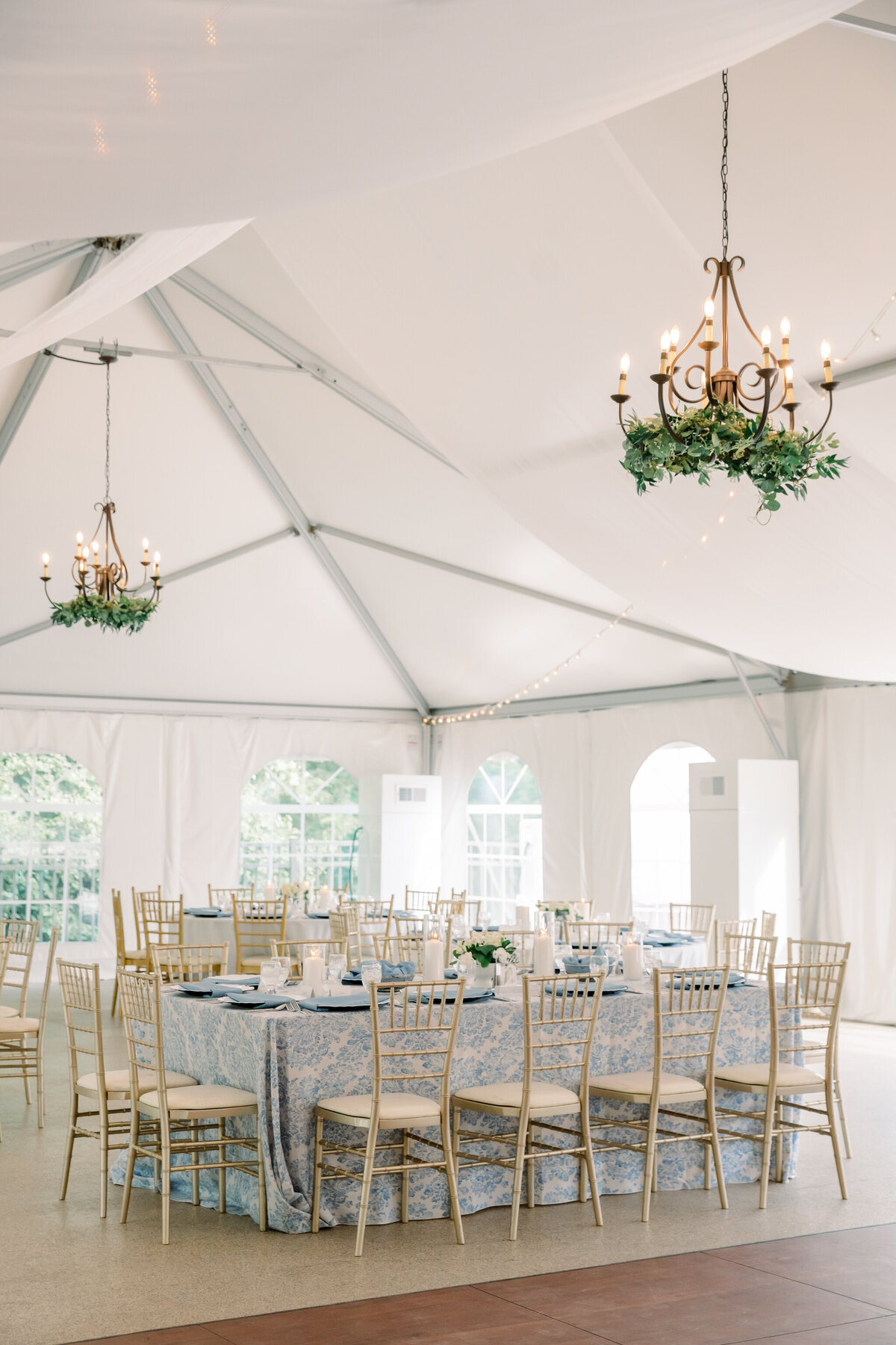 Blue and white reception decor at Rust Manor House