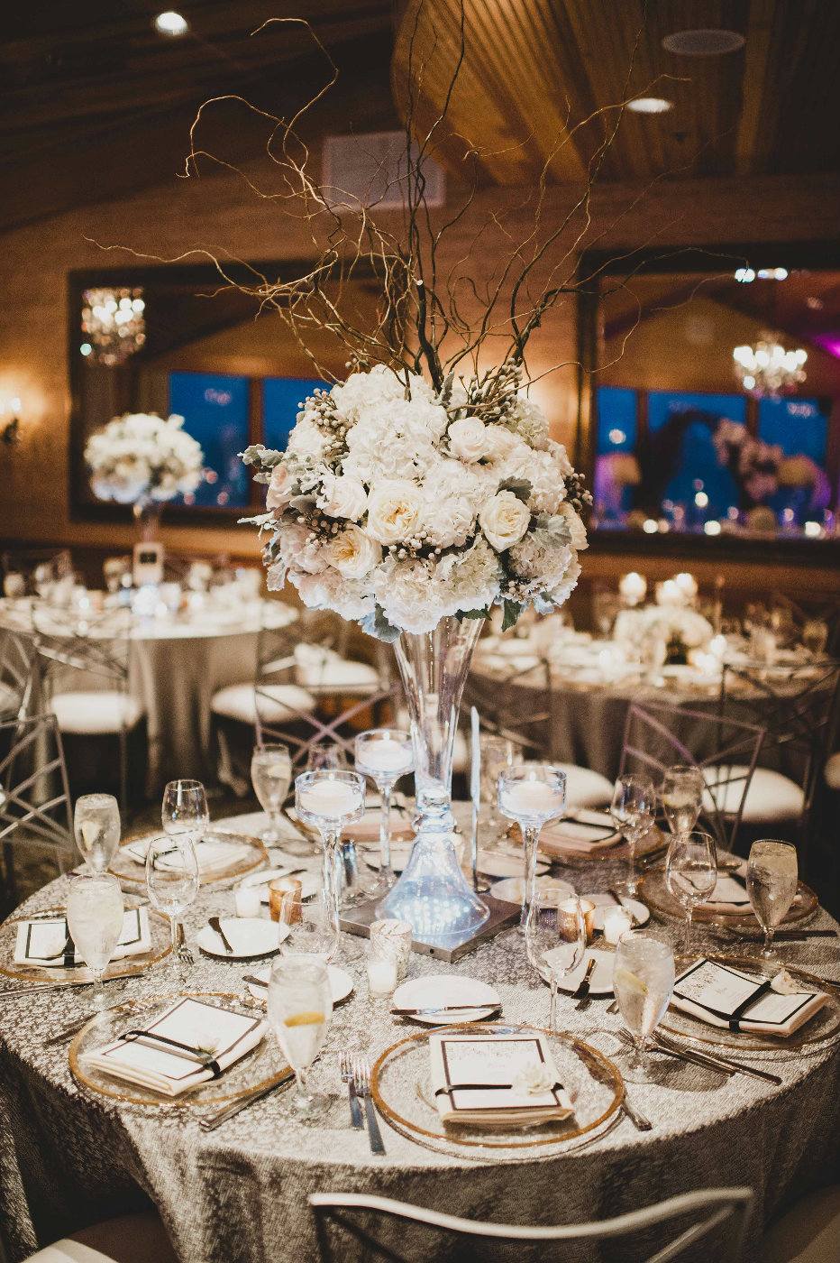Flora Nova Design Seattle made this beautiful white flower centerpiece on a crystal vase for a winter wedding in Seattle.