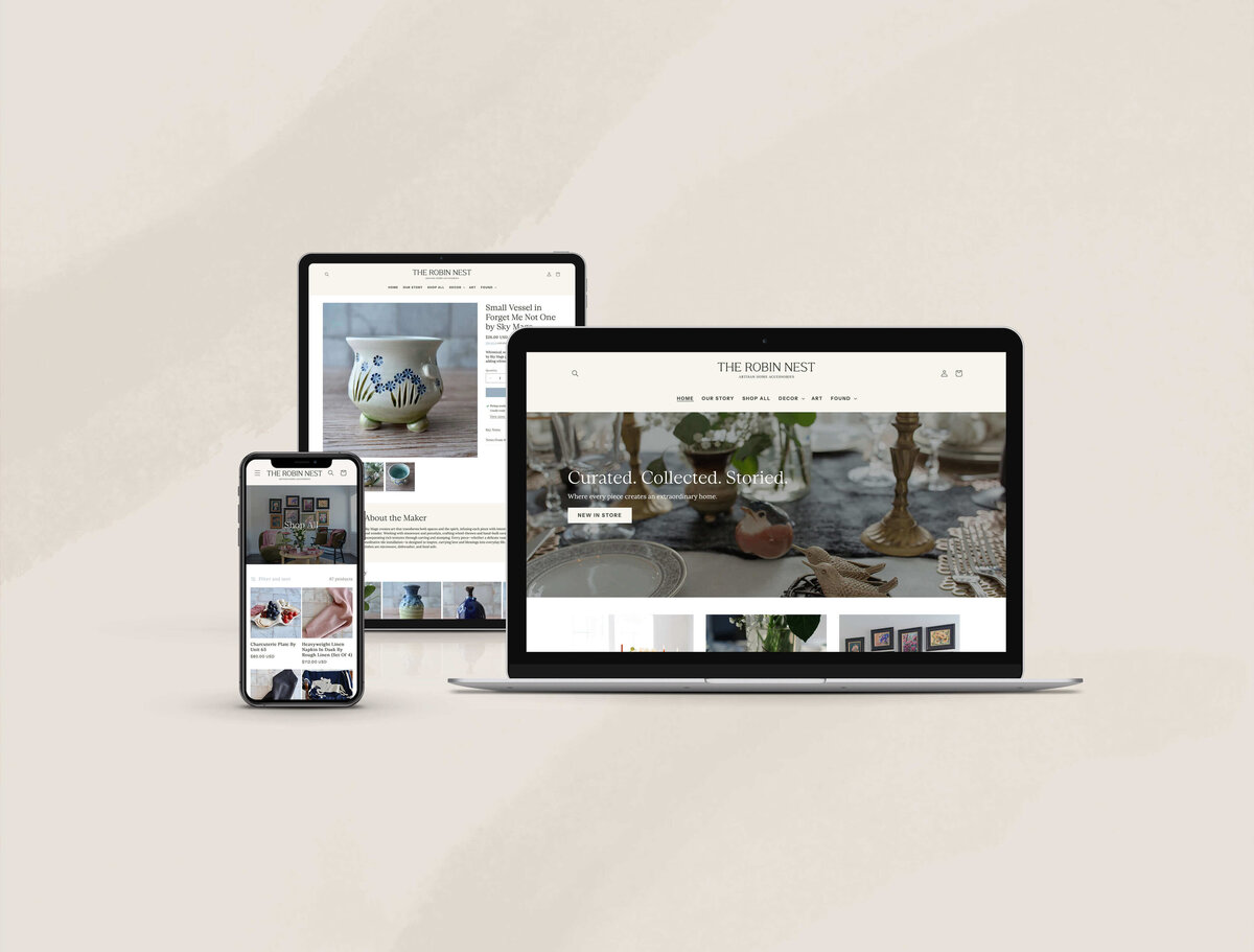 Elegant, mobile-friendly website design with earthy tones and product-focused visuals for creative retail and lifestyle brands.