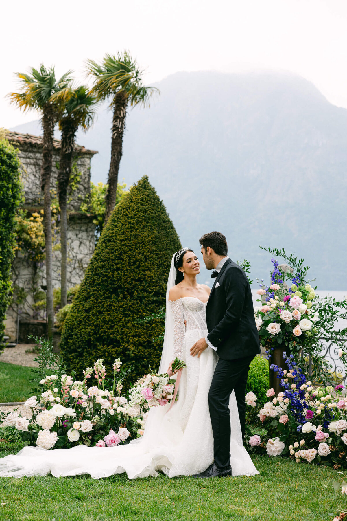 A wedding photo of the couple at Villa Balbiano on Lake Como in Italy