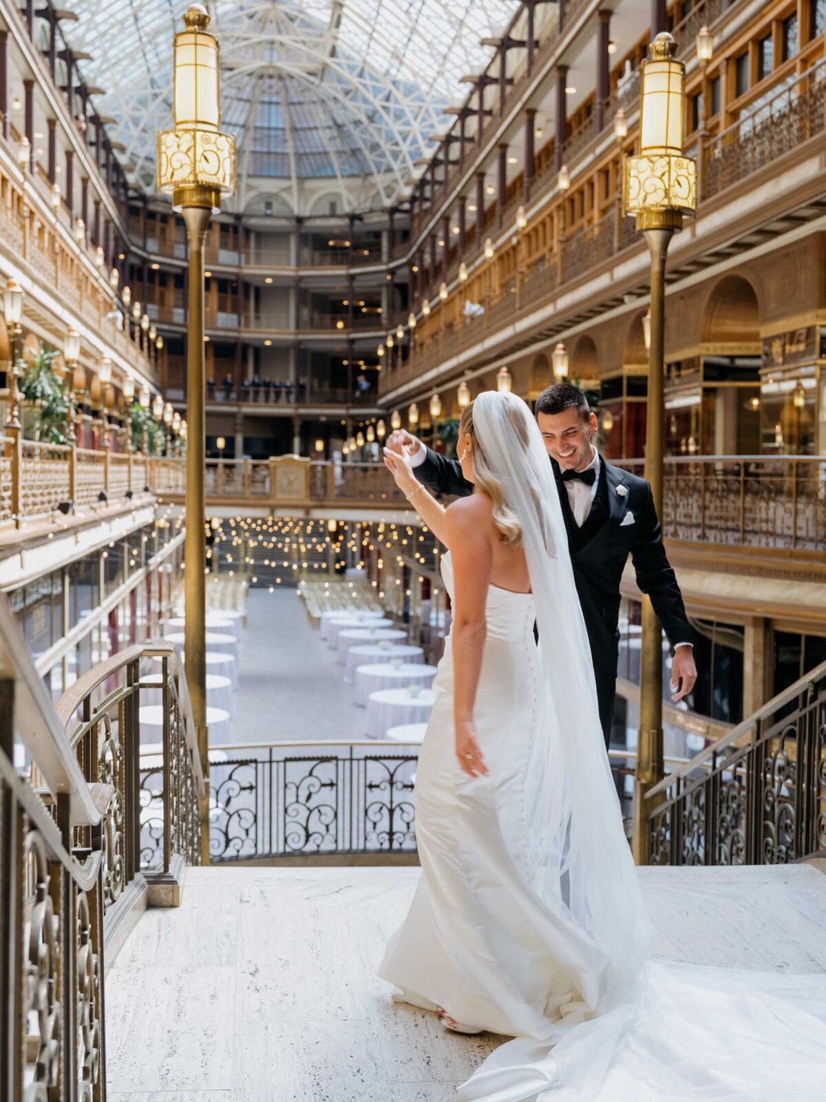 Bride and groom sharing a first look at The Arcade Cleveland