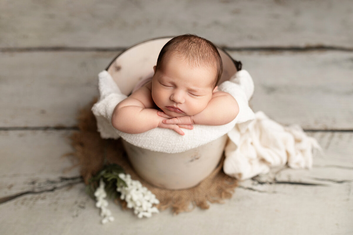 Andrea B Photography newborn baby cream bucket Llanelli