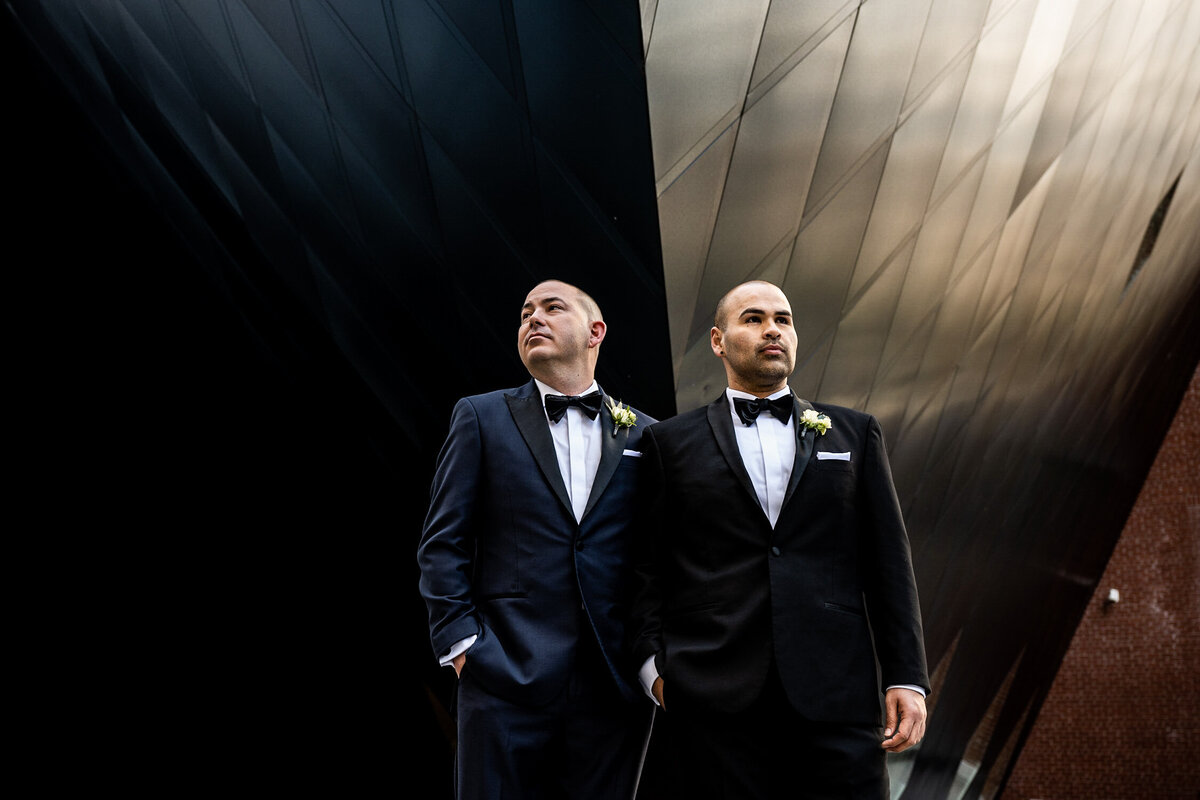 San Francisco wedding photographer captures elegant same-sex couple portrait at Contemporary Jewish Museum