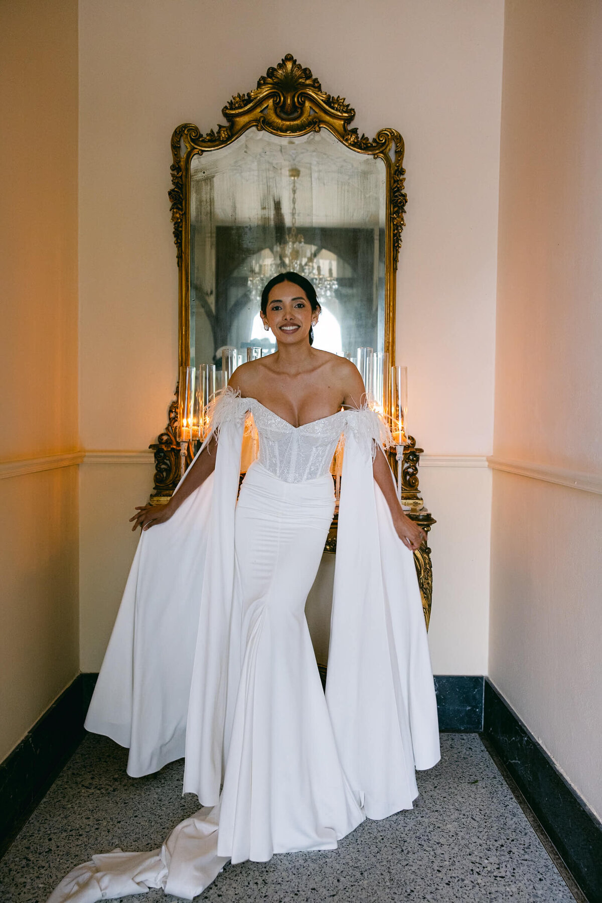 A wedding day bridal shot of a bride in her white dress at Villa Aura del Lago on lake como in Italy