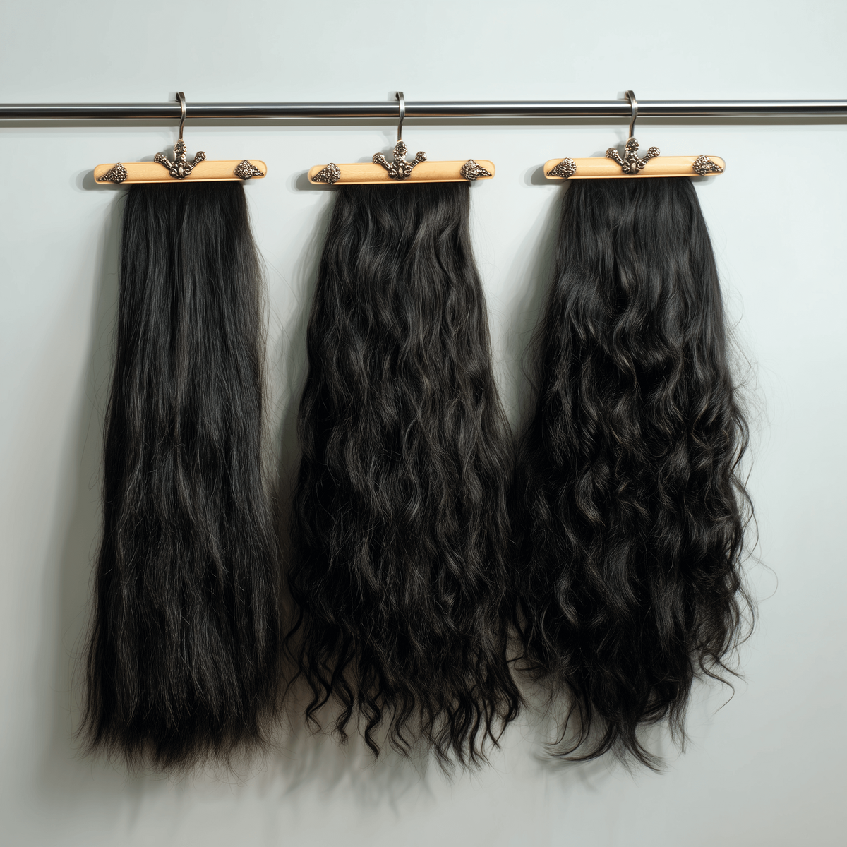 rachelk0525_Three_bundles_of_black_hair_on_hangers_each_with_di_d18cd4e6-7cd7-4830-bb25-7eaf52e5c11b