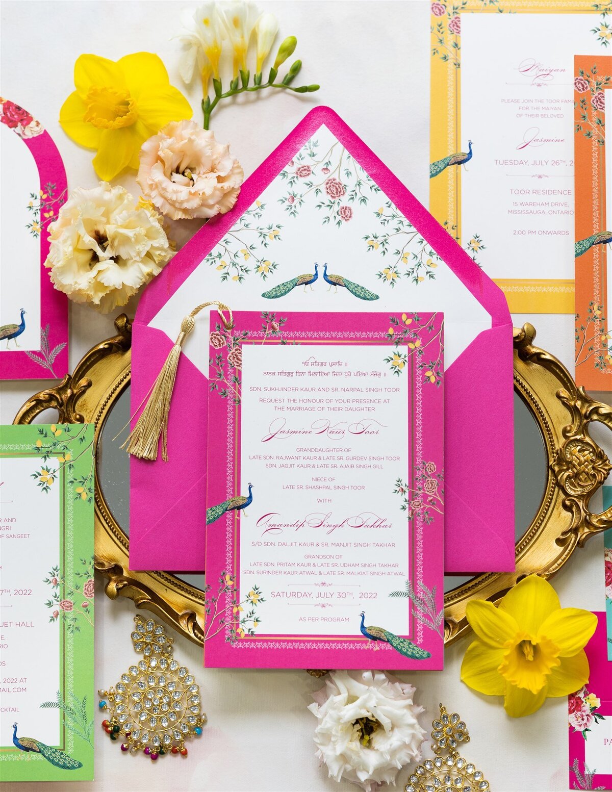 Multicolor & vibrant peacocks Sikh wedding invitation 3