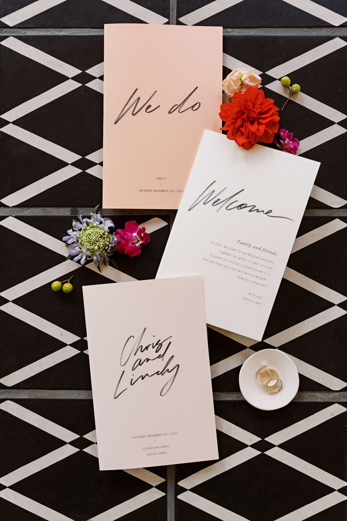 colorful wedding stationery for winter wedding