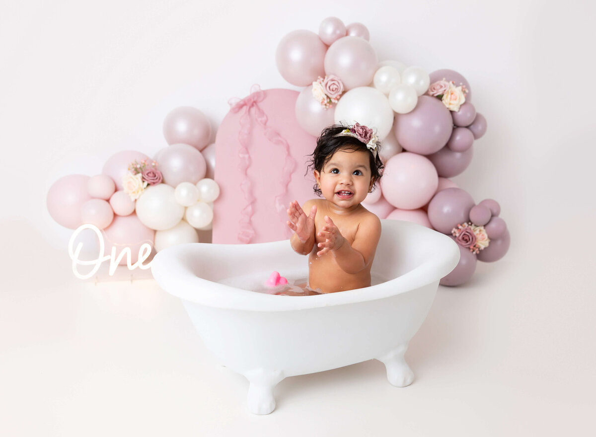 Pink mauve & white 1st Birthday photoshoot in NYC captured by Rochel Konik Photography